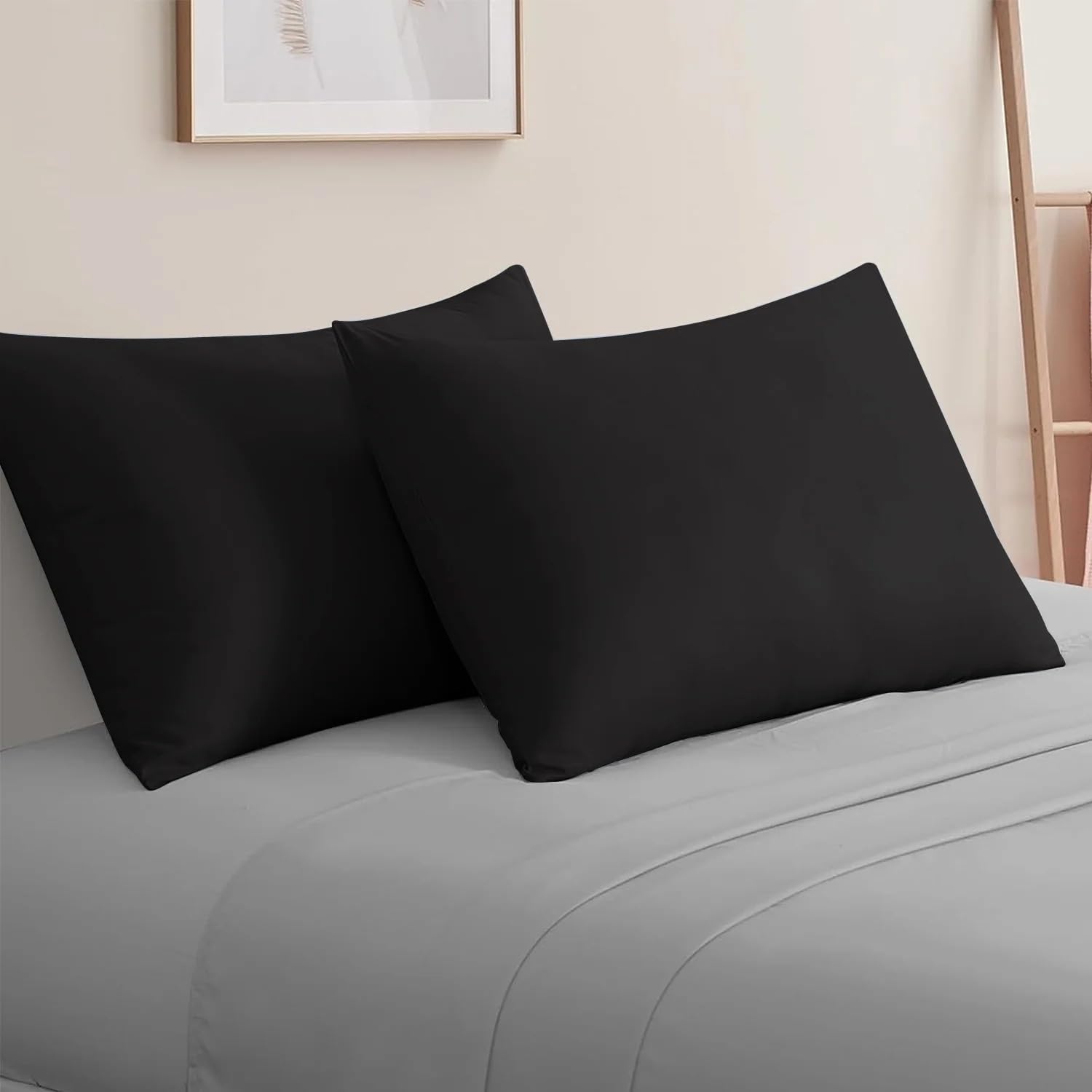 Pillow case 2 Pieces Set - Super Soft Sleeping Pillow Cases (50x75cm), Soft & Silky Stuff Best for Your Beautiful Skin and Hair - Hotel Linen Standard Pillowcases (Plain black)
