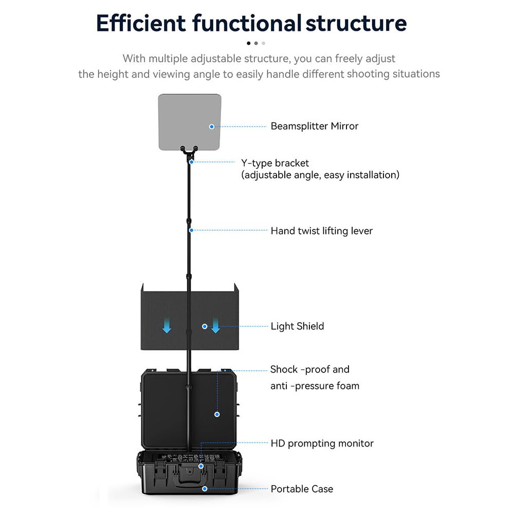Jemora TP200 Tragbarer Teleprompter, 17-Zoll-Universal-Prompter mit HDMI/SDI-EIN- und Ausgangsunterstützung, App-Steuerung, kompatibel mit Smartphone/Tablet/mit Fernbedienung,