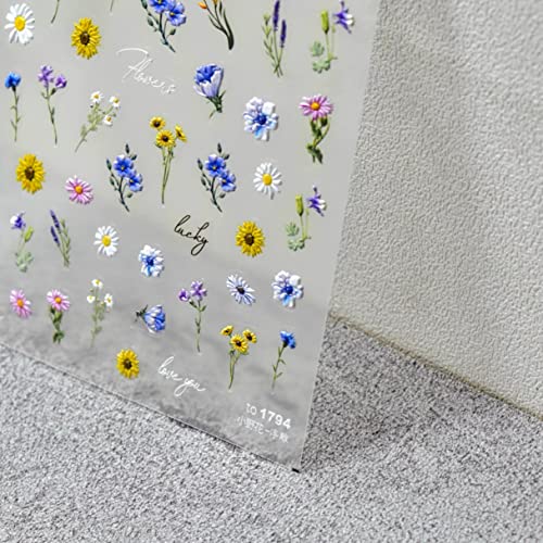 Embossed Sunflower Nail Art Sticker Small Daisy Little Wild Flower Nail Art Sticker Self-Adhesive Spring Summer Red Yellow Blue White Flower Nail Art Sticker Decal Design Nail Art Decoration For Women Girls Children (2 Sheets) + Multifunctional Nail Tweezers (1 Piece) #TOP4