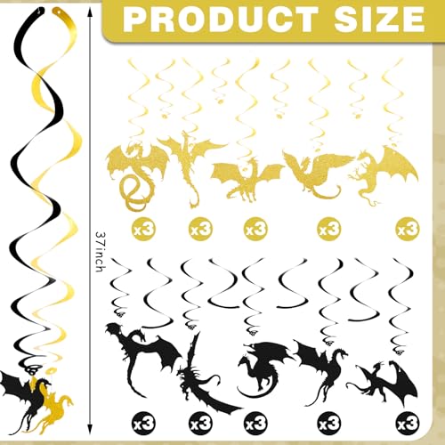 Image of Sumind 30 Pcs Dragon Hanging Swirls Party Decorations, Black and Gold Dragon Ceiling Hanging Decor for Medieval Fantasy Themed Birthday Party Supplies, 10 Designs