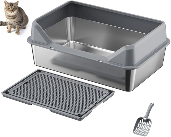 Stainless Steel Cat Litter Box with Lid Cat Litter Box for Big & Multiple Cats Easy Cleaning Kitty Litter Box Anti-Leakage Including Scoop (Dark grey with pedal)