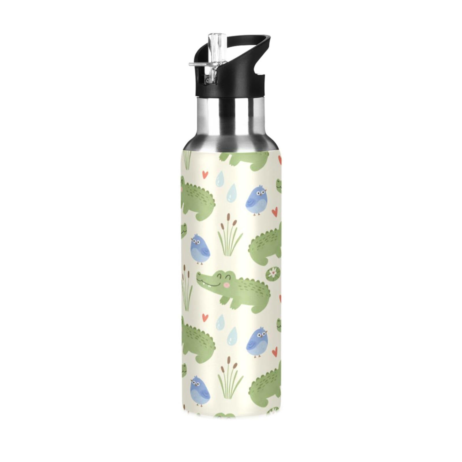 BOESI Cute Crocodile Pattern Insulated Water Bottle 600ml, Stainless Steel Vacuum Sports Bottle with Straw, Leak Proof Thermal Bottle for Gym Travel Outdoor
