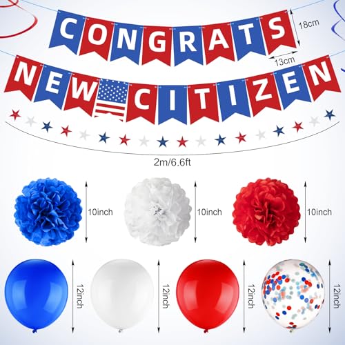 Image of RoundFunny 45 Pcs New Us Citizenship Gifts, Blue White and Red Party Decorative Kit, Congrats New Citizen Decoration Banner, Balloons, Paper Poms, Patriotic Supplies for Men Women