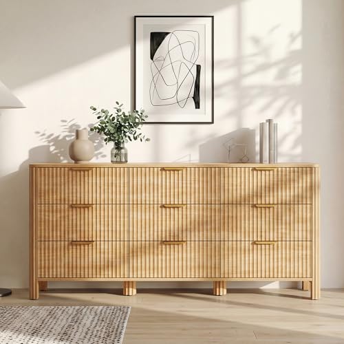 Image of Wodeer 9 Drawer Dresser for Bedroom, 62 inch Wide Wood Storage Cabinet with Fluted Design, Modern Chest of Drawers & TV Stand for Living Room, Nursery Clothing Organizer with Metal Slides, Anti-Tipping