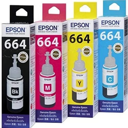 T664 Ink Bottle (Cyan, Magenta, Yellow, Black) Ink Tank Printer L100, L200, L210, L220, L300, L310, L350, L355-70 ML Each Bottle