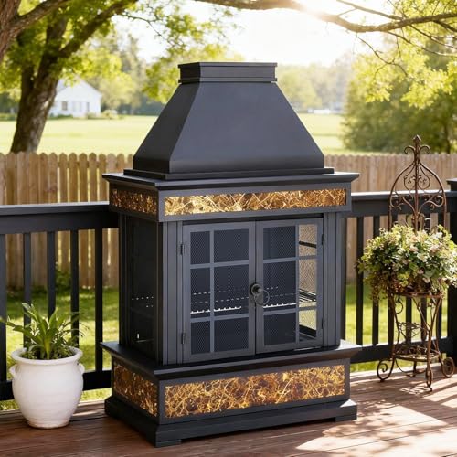 EROMMY 57' Outdoor Fireplace, Tile Finish Wood Burning Steel Fire Pit...