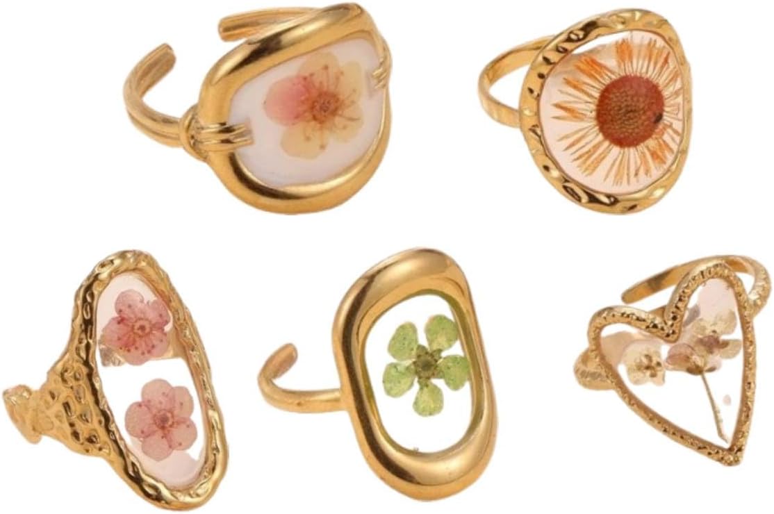 5pcs 18k Gold Plated Floral Adjustable Rings Chunky Gold Rings Vintage Jewelry Y2k Accessories Don't Tarnish Ring Set