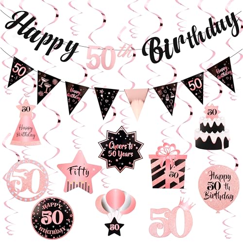 Image of 50th Birthday Decorations for Women Rose Gold Pink Pre Strung Happy 50th Birthday Banner and Hanging Swirls 50 Year Old Party Decorations Supplies