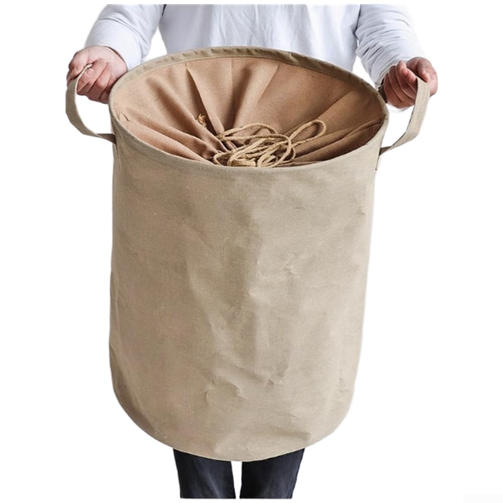 Cesto portabiancheria pieghevole in cotone e lino, con chiusura a coulisse, doppio manico, cestino traspirante per vestiti, giocattoli, articoli per la casa (C)