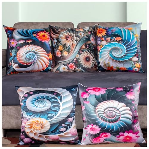 Image of 3D Decorative Satin Sofa Cushion Covers Set of 5, 16 inch x 16 inch, Sofa Cushion Pillow Cover, Zipper Closure, Green, Red and White, Spiral Bloom (16X16 Inches)