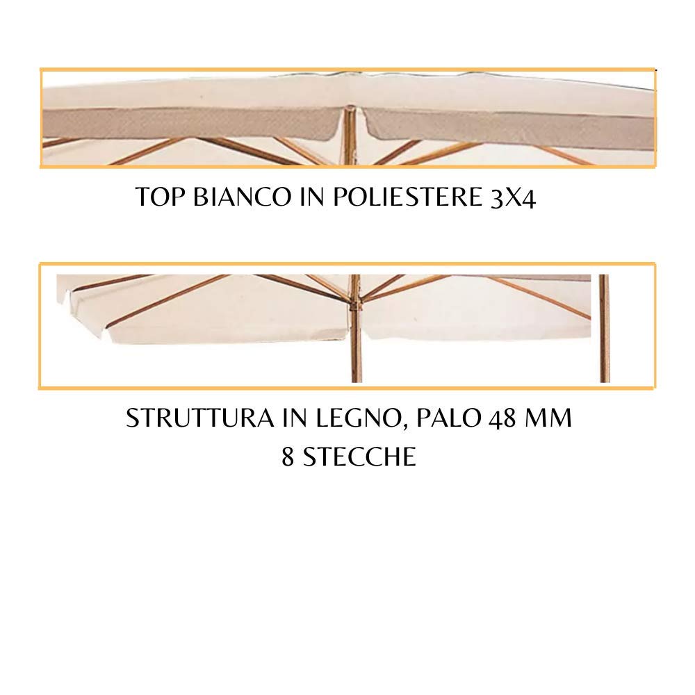 Ombrellone da Giardino 3x4, Palo Centrale in Legno Top in Poliestere Bianco - 300x400
