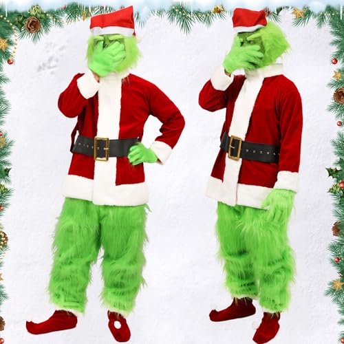 SINSEN Weihnachtsmann Kostüm für Erwachsene 7 Teile Weihnachten Grün Großes Monster Kostüm Erwachsene Weihnachts Cosplay Luxus Weihnachtsmann Anzüge Outfits