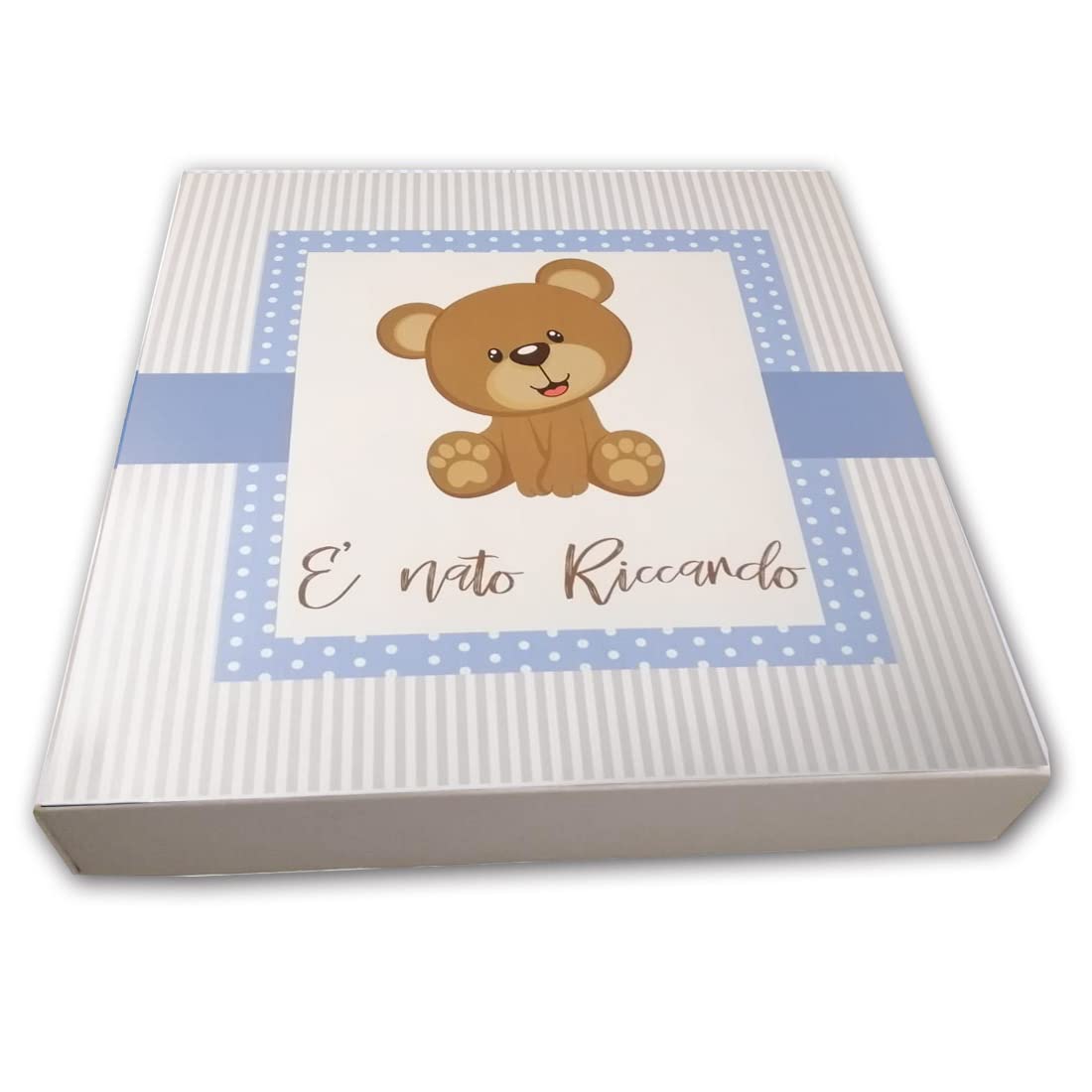 Scatola Box bomboniere cubetto Orsetto celeste Personalizzabile vassoio torta porta confetti per nascita battesimo bimbo con confetti e bigliettini kit allestimento sweet table confettata
