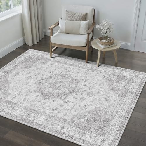 PureCozy Grey Gray Area Rug 4x6 Washable Vintage Carpet for Office Living Room Soft Retro Low Pile Thin Indoor Rug Non Slip Oriental Medallion Floor Cover for Bedroom Kitchen Dining Room 4'