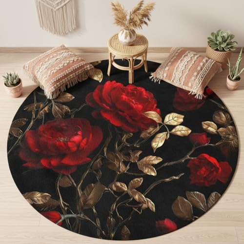 Tapete redondo vintage floral rojo y negro 182 cm miniatura 1