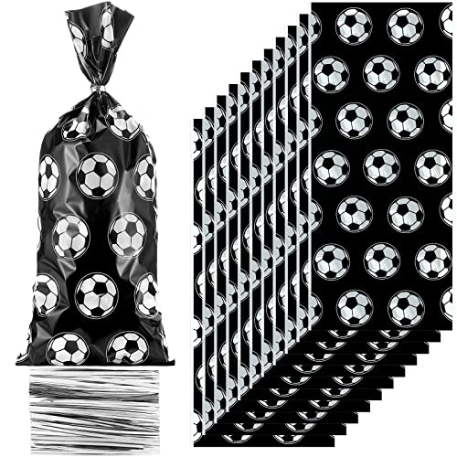 100 Pieces Soccer Treat Bags Soccer Goody Bags Soccer Party Present Bags Soccer Snack Bags Soccer Ball Candy Bags Goodie Bags with Sliver Twist Ties for Birthday Sports Theme Party Favor Supplies