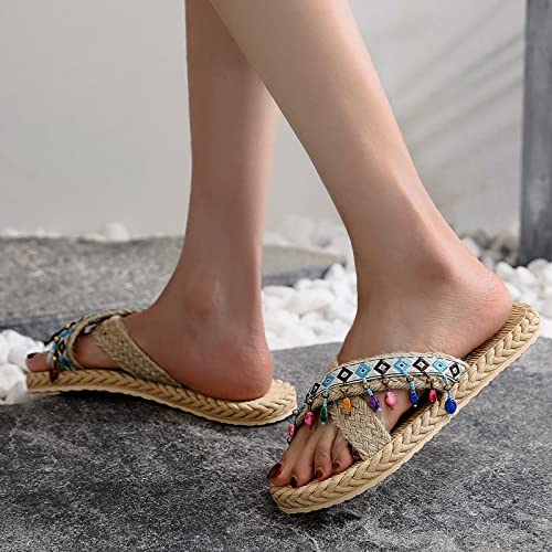 Woven Sandals and Women Spring Flops and Imitation Slippers Flat Beach Summer Straw Flip Women's Slipper Slippers for Women Indoor and Outdoor (Sky Blue, 7.5)4