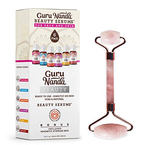 Beauty Serum Oils (Set of 6) with Rose Quartz Roller - 100% Natural Essential Oil Serums for Face - Clear Skin, Moisturizing, Lip Plumper, Glowing Skin, Under Eye, Age Defy