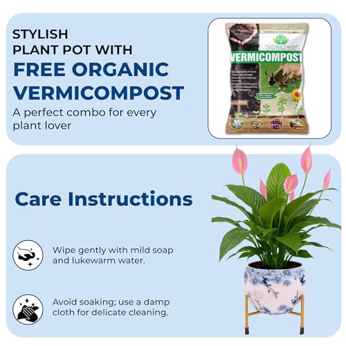 Image of NATURAL EARTH Metal Flower Pot & Stand with Free 1 KG Organic Vermicompost Fertilizer | Decorative Indoor Outdoor Plant Pot | Artsy White Floral Planter for Home & Garden Decor