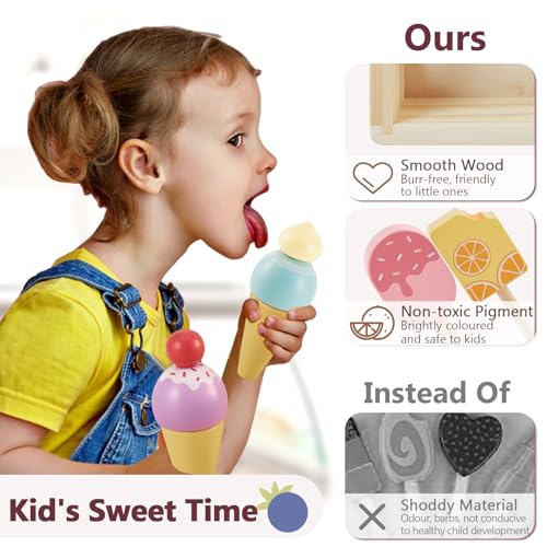 HERSITY Eiscreme Spielzeug Eisdiele Kinder Holz, EIS am Stiel Spielzeug Kaufladen Zubehör Spielküche Rollenspiele für Kind Mädchen Jungen 3 4 5 Jahren