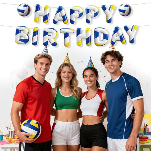 Image of Sport Birthday Banner, 3D Sport Theme Happy Birthday Banner (Volleyball) | Decoration Funny Ball Themed Party Supplies Suitable for Kids Teenagers Adults