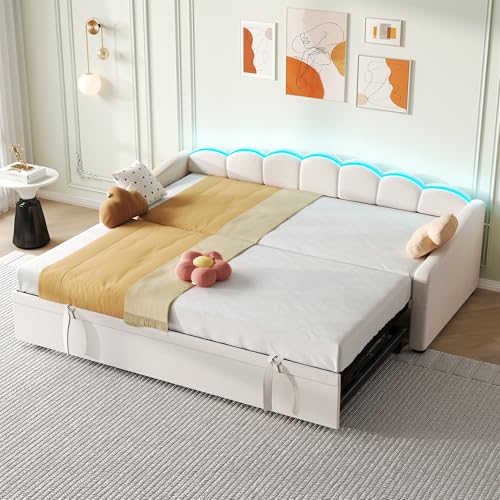 Huayz Day Bed 90x190cm Upholstered Single Sofa Bed with Trundle with RGB LED Lighting 3ft Pull Out Bed Daybed for Adults & Teenagers Velvet Beige