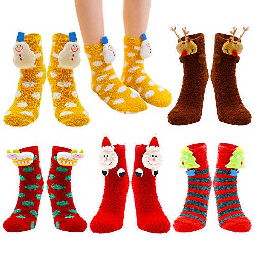 5 Pairs Xmas Fuzzy Socks, Cozy Slipper Socks, Cosy Cute Thermal Coral Fleece Socks, Winter Warm Thick Home Socks For Women Girls, Reindeer Snowflake,3D Pattern