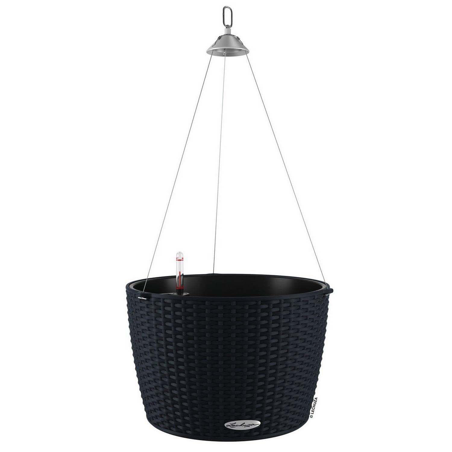 Lechuza Self Watering Hanging Plant Pots NIDO Cottage 35 Rattan Look Plastic Outdoor Indoor Planter with Drainage Hole D35 H23 cm Graphite Black