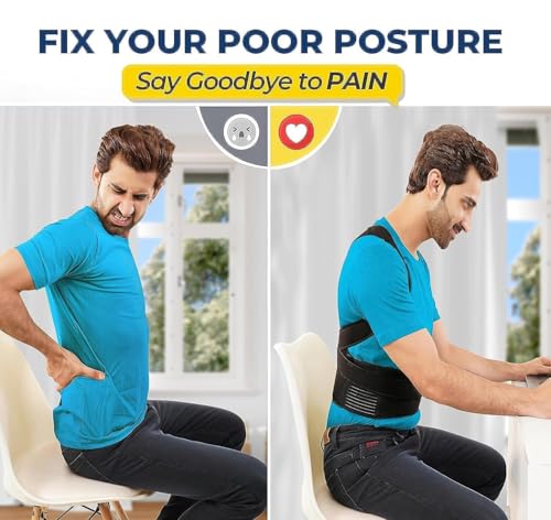Image of Amazon Brand - Solimo Posture Corrector for Men & Women - Adjustable Back Brace with Lumbar Support, Shoulder Support & Waist Belt for Pain Relief & Better Posture | Black
