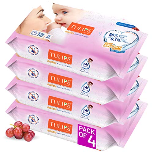 Image of Tulips Sensitive Baby Wet Wipes - Purified Water with Grapefruit Extracts, Gentle & Moisturizing, Rash-Free, Soft & Safe, Travel-Friendly (288 Wipes x 4 Pack)