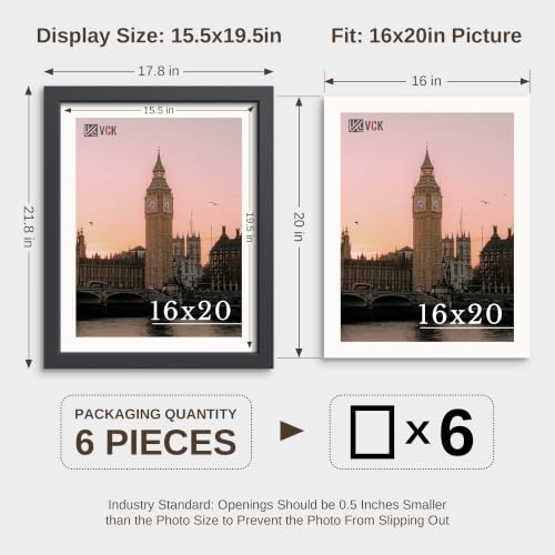 Image of VCK 16x20 Picture Frames Black - 6 Pack, Wide Border Wood Poster Frame, Multi-Directional Display Family Photos, Office Prints, Studio /Gallery, Wall Hanging