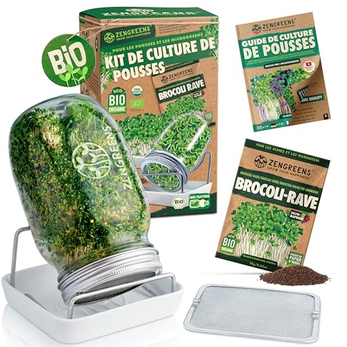 zengreens® Kit de germoir pour graines à germer Bio – Lot de 1 Bocal à pousses – Comprend bocaux à germes, Plateau de Germination et semences – Contient Guide et vidéo-Cours de Culture