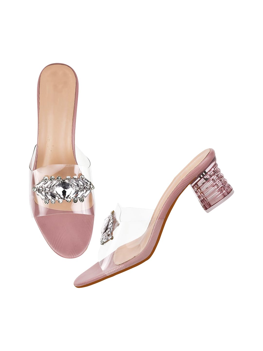 Embellished Front Studded Buckle Block Heels Comfortable Transparent Party Kitten Heel for Womens & Girls-image-11