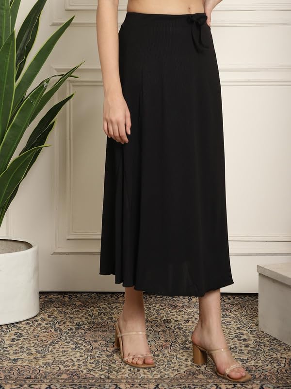 Image of NEUDIS Women Black Ribbed Flared Maxi Skirt
