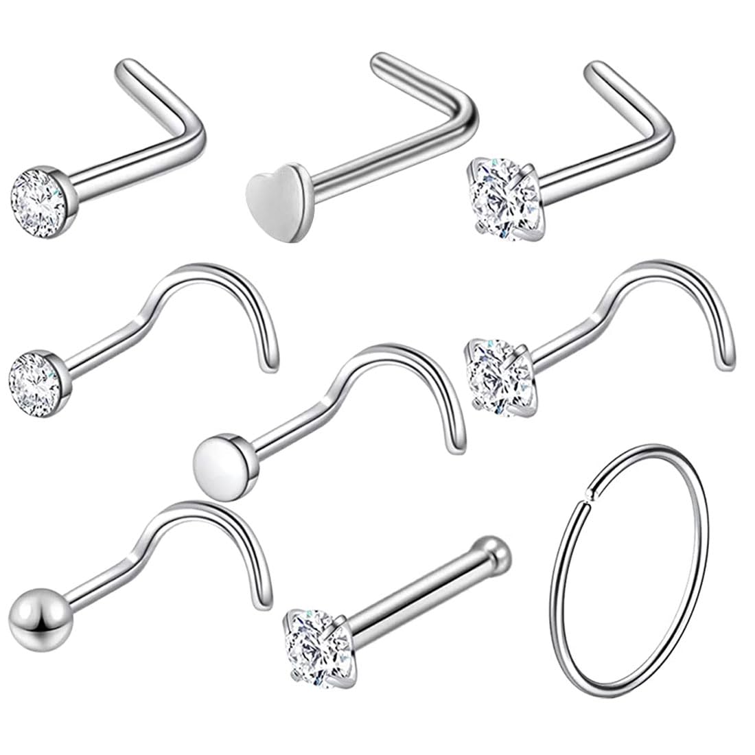 Accessori Naso Moda Set 12 Borchie Naso 10 Catene In Acciaio Chirurgico 316l 20g Per Doppio Piercing Argento G 205772 - Foto 3