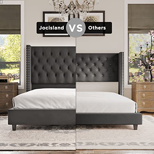 Jocisland King Bed Frame Upholstered Bed Wingback Headboard Velvet Tufted Deep Button/No Box Spring Needed/Easy Assembly/Dark Gray #TOP4