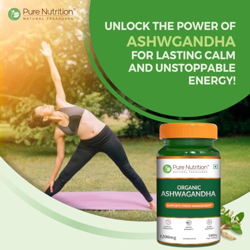 Image of Pure Nutrition Organic Ashwagandha Tablets | 180 Veg Tablets | Supports Stress Relief, Sleep, Fertility, Immune Health, Vitality & Strength | Natural Adaptogen for Men & Women | Promotes Energy & Overall Wellness | Ayurvedic Supplement