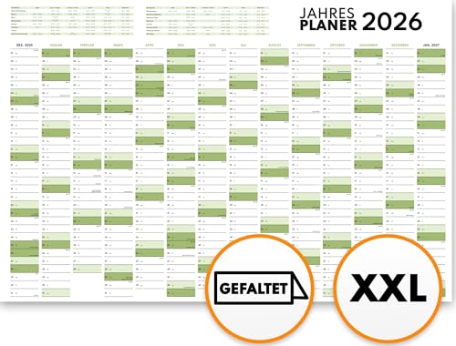 XXL Wandkalender 2026 groß (90x60cm) - Jahresplaner 2026 quer als Kalender für die Wand - Jahreskalender für 14 Monate mit Ferienübersicht - Kalender gefalzt für das Büro