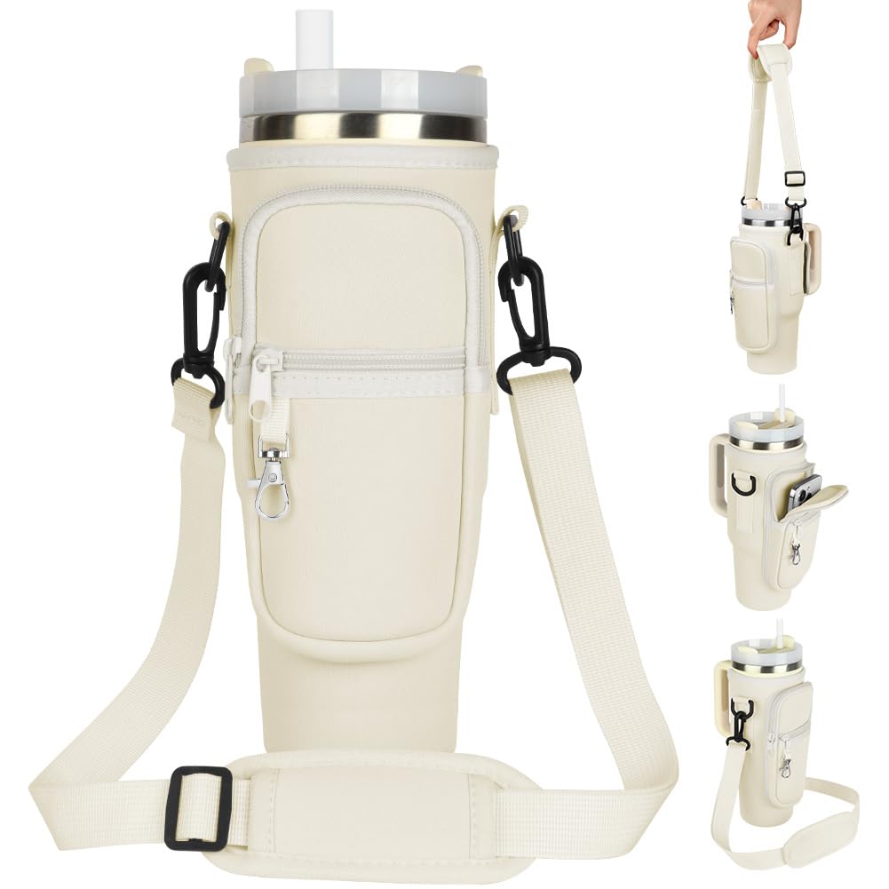 AYESY Water Bottle Carrier Bag, Water Bottle Holder with Adjustable Strap & Phone Pocket Compatible for Stanley Cup, Fits Stanley Quencher 40 oz Tumbler, Walking Hiking Camping-White