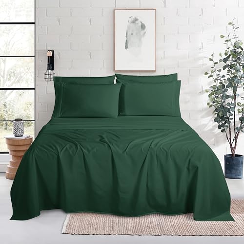 Image of Mocassi Luxury 6-Piece Sheet Set, Ultra Soft 1800 Premium Hotel Quality Microfiber Sheet Set, Fits Mattresses Up to 18 to 24 Inches Extra Deep Pocket- Breathable and Secure Fit, Cal King, Hunter Green