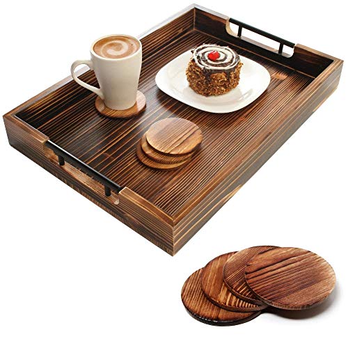 Amarezo Ottoman Tray with 4 Coasters - 20 Inch x 14 Inch Serving Tray Charcuterie Cheese - Platter for Breakfast in Bed Eating in Living Room - Fir Wood Black Metal Handle