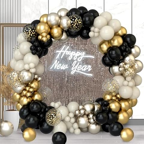 Black and Gold Balloon Garland Arch Kit New Years Decorations 2025, 152pc White Sand Confetti Champagne New Years Eve Party Balloons for Nye Decorations,Birthday Wedding Party Decor Cover