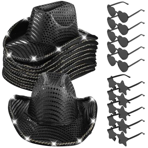NIMBLOOM 20 Pcs Cowboy Cowgirl LED Flashing Light Hats Cowboy Hats and Heart Star Glasses for Western Cowboy Costume Role Play Xmas