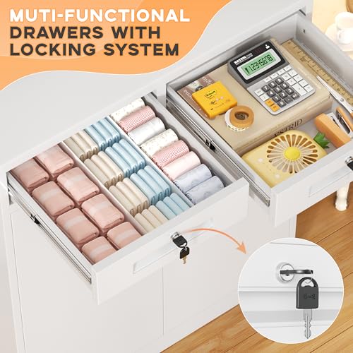 Image of INTERGREAT Metal Garage Storage Cabinets with Lock,Steel Storage Cabinet with Drawer and 2 Adjustable Shelves, Small Lockable Office Steel Cabinet for Home, Warehouse, School, White