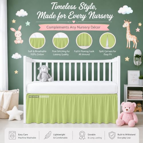 Image of Crib Bed Skirt Dust Ruffle with Split Corners Cotton, 14 inch Drop, Sage | Nursery Standard Crib Bedding Bed Skirt for Baby Boys and Baby Girls. Hides Under-Crib Storage for a Neat Appearance