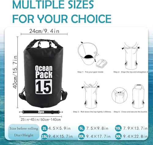 Image of Waterproof Dry Bag with Phone Case, 2L /3L /5L /10L /15L /20L /30L, Floating and Lightweight Bags for Kayaking Rafting Boating River Trekking-Multi Color (15 Liter)
