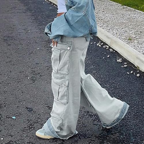 NCDUANSAN Gothic Retro Jeans Women's Pants Street Trend Loose Multi Pocket Stitching Casual Straight Leg Wide Leg Wash4