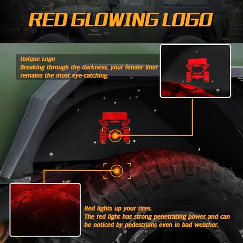 Image of JROAD Rear Inner Fender Liners Compatible with Jeep Wrangler JK JKU Aluminum,with 2 LED Lights for 2007-2018 Wrangler Accessories JK JKU Sport Sahara Rubicon 2 /4 Doors