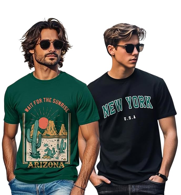Image of Veirdo 100% Pure Cotton Regular Fit Cool & Trendy Front Printed Half Sleeve T-Shirt Combo for Men (Available Colors: Black, Navy, Swanwhite, White & Green)