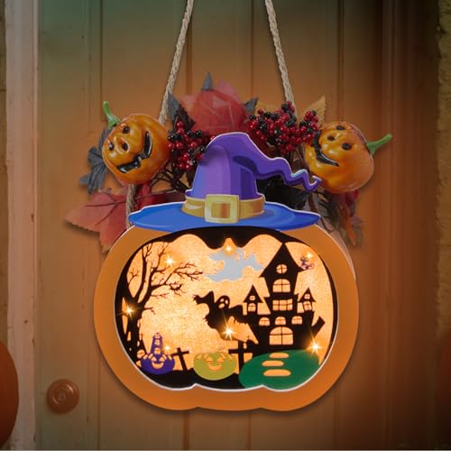LightsUp Halloween Door Wreath, Halloween Front Door Decor Lighted Pumpkin with Haunted House, Jack O Lantern with Timer Function for Window Wall Porch Outside Decoration, Battery Operated, 11 Inch